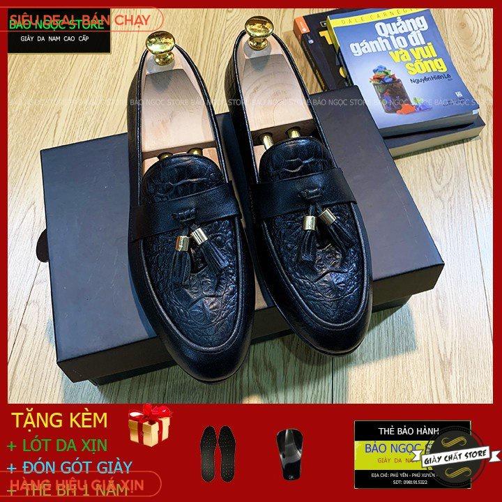 Giày Lười Nam - Giày Da Nam Công Sở Dập Vân Cá Sấu - Da Pu Nguyên Tấm Băng Chuông - Màu Đen - Mã K666