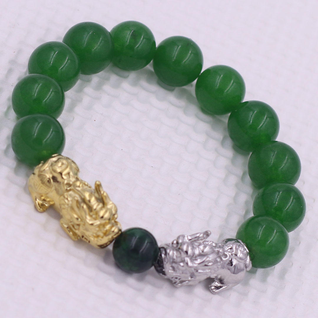 Vòng chuỗi đeo tay đa thạch anh xanh lá 12 ly charm tỳ hưu đôi inox trắng và vàng, vòng chuỗi phong thủy, charm tỳ hưu, vòng tay hạt chuỗi