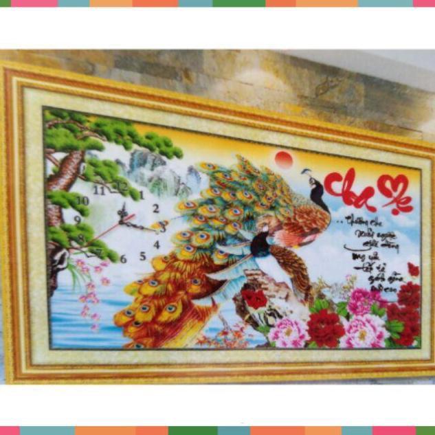 Tranh thêu chữ thập đồng hồ cha mẹ chim khổ tước tuyệt đẹp kt 81*52cm
