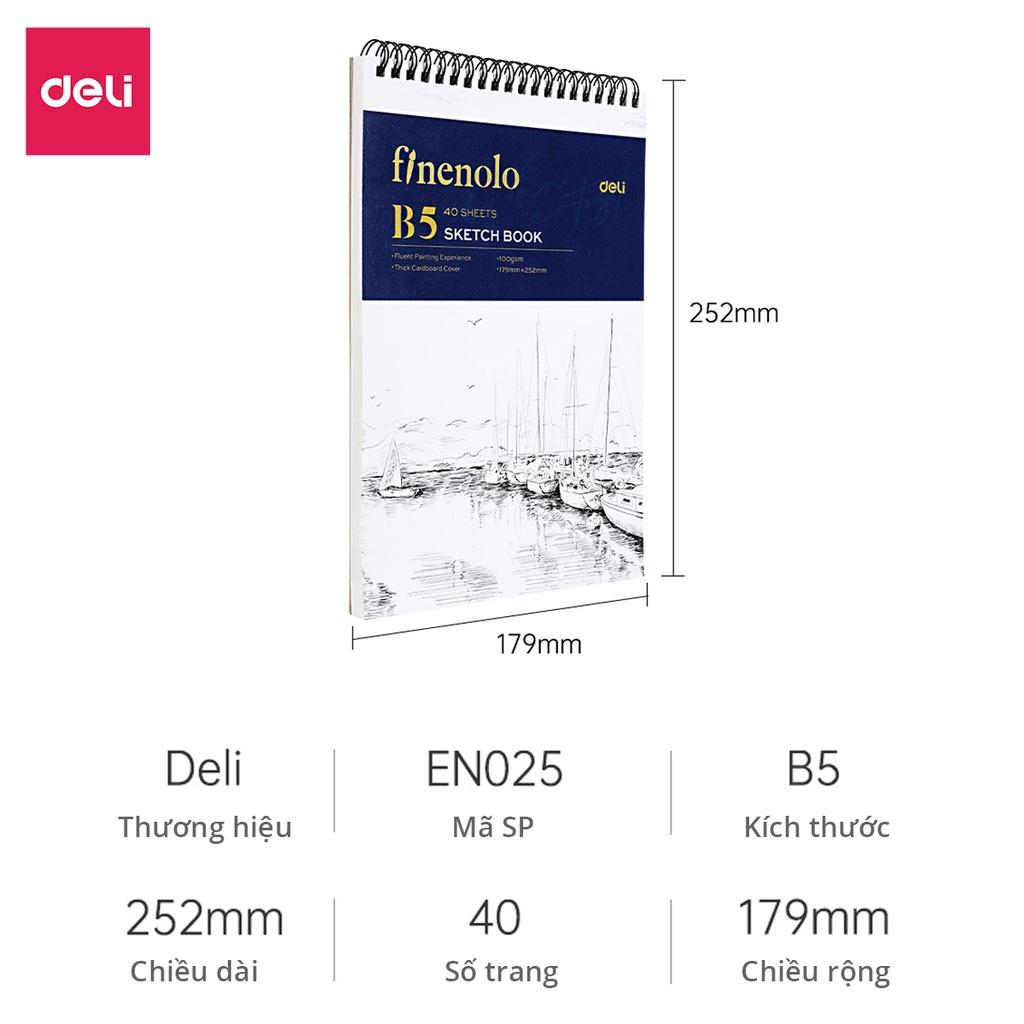 Sổ Tay Vẽ Phác Thảo Chuyên Nghiệp 100gsm 80 Trang Cao Cấp Finenolo Deli - Sketchbook Giấy Trơn Gáy Xoắn Ngang - EN025