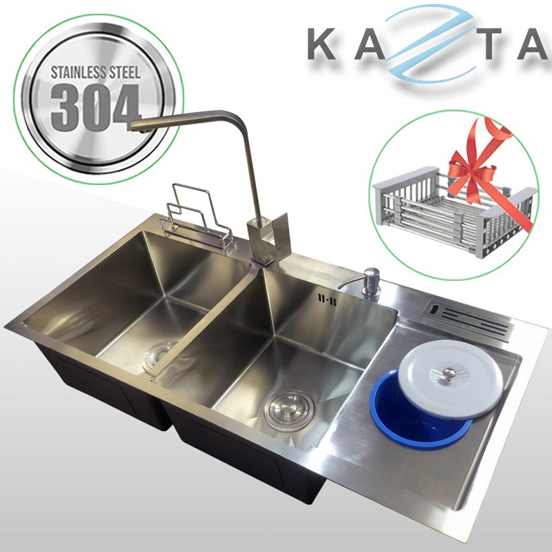 Combo Chậu Rửa Chén Bát Tiện Lợi Kazta KZ-CB10048H - Chậu inox cao cấp có hố rác, khay cài dao thớt, bình xà phòng, rổ rút đựng rau củ