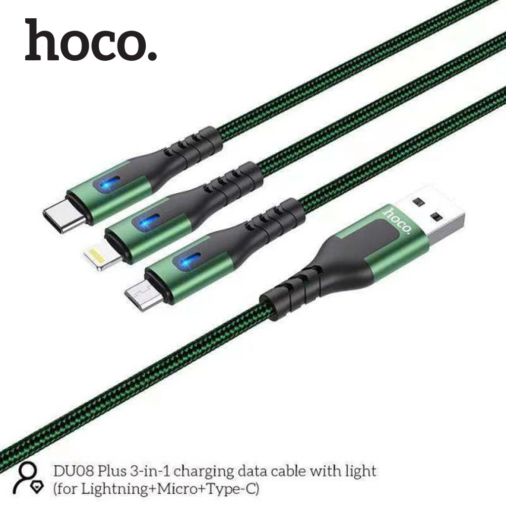 Cáp Sạc Dành Cho Hoco DU08 Plus 3 in 1, Sạc Nhanh 2.4A, Có Đèn LED, Dây Dù Chống Dối, Đứt Gãy, Hỗ Trợ Truyền Dữ Liệu, Dài 1.2m - Hàng Chính Hãng