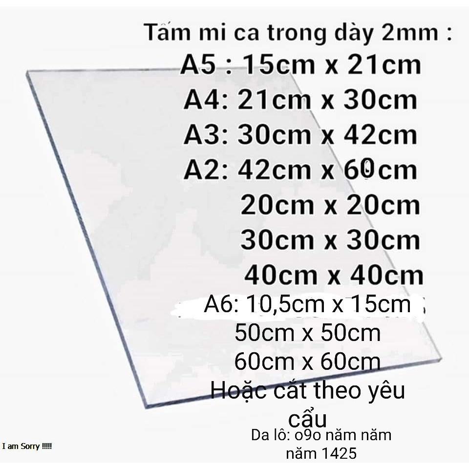 Tấm mica cắt theo yêu cầu nhiều kích thước. Mi ca trong suốt dày 2mm.