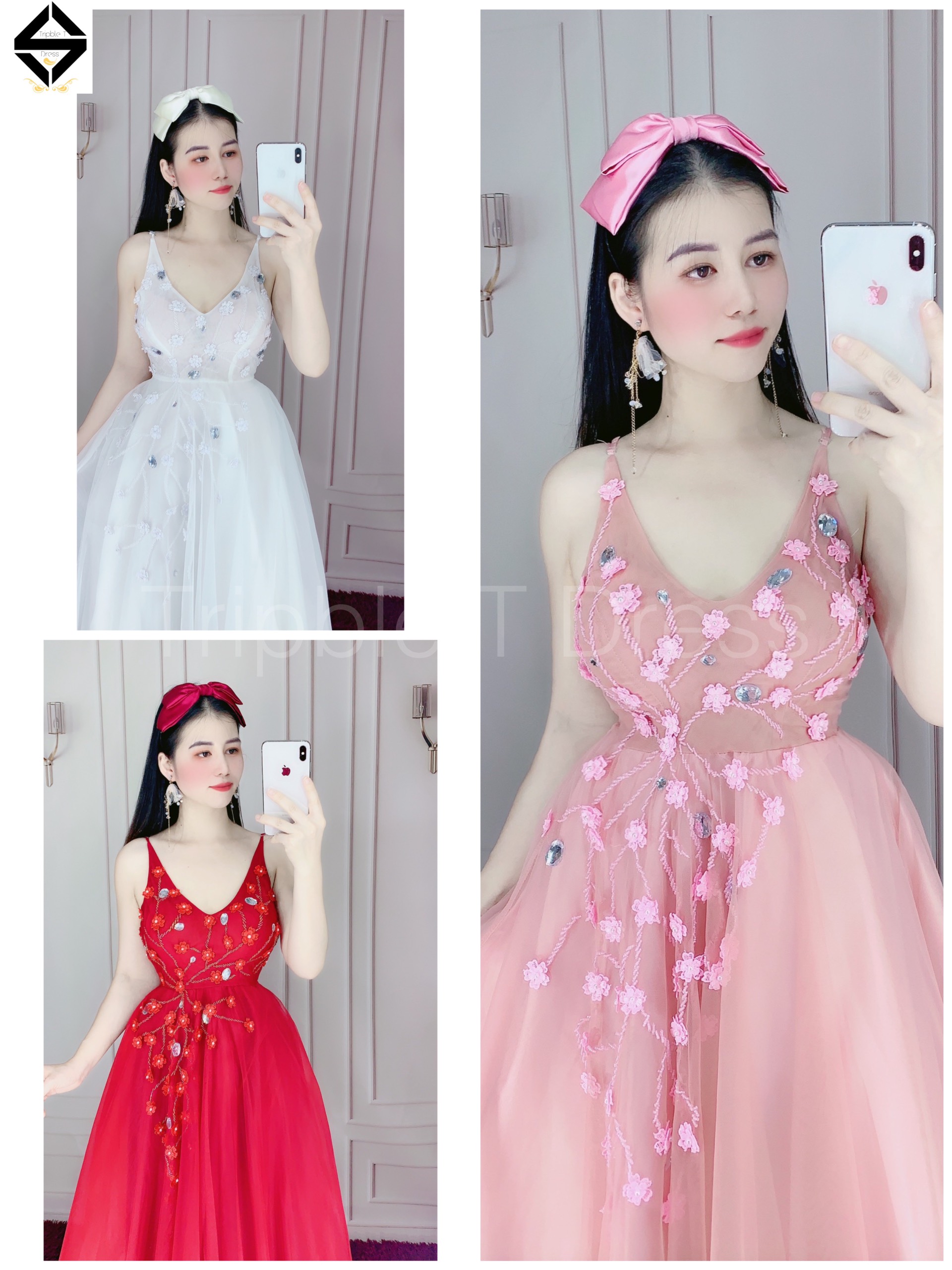 Đầm dự tiệc 2 dây kết cườm và hoa mai nổi TRIPBLE T DRESS - size M/L - MS301V