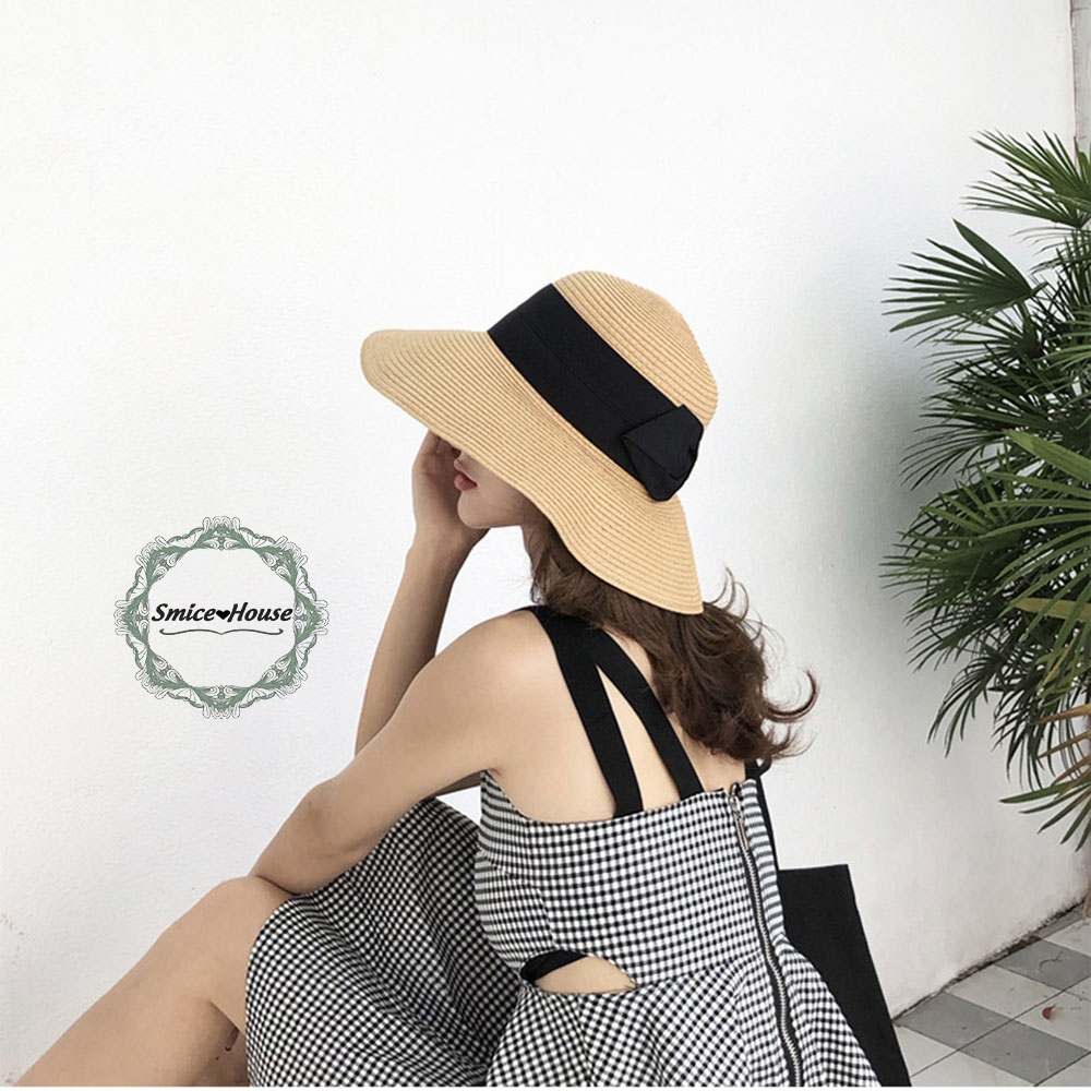 Mũ cói vành rộng chống nắng mùa hè phối nơ hai màu kem và nâu dùng đi chơi đi biển phong cách Hàn Quốc/ nón nữ đi biển vành rộng - Smice House
