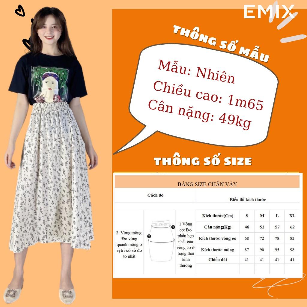 Chân váy nữ hoa nhí hoa đen EMIX, ulzzang, dáng dài, cạp chun, vải lụa mềm co giãn, mềm mát, 1 lớp nhưng không lộ