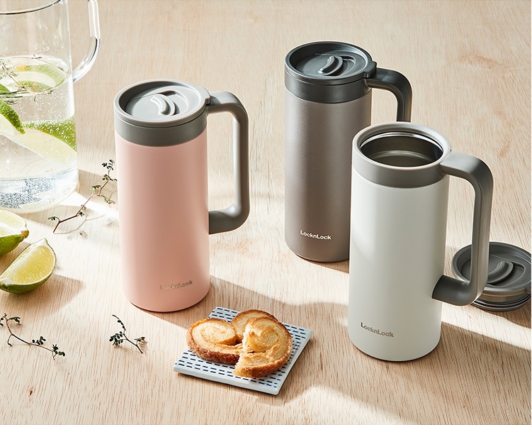Ly Giữ Nhiệt Lock&Lock Có Tay Cầm Table Mug LHC4247 - Hàng Chính Hãng, Đóng Mở Nắp Bằng Một Tay - Tặng Kèm Cọ Rửa Ống Hút