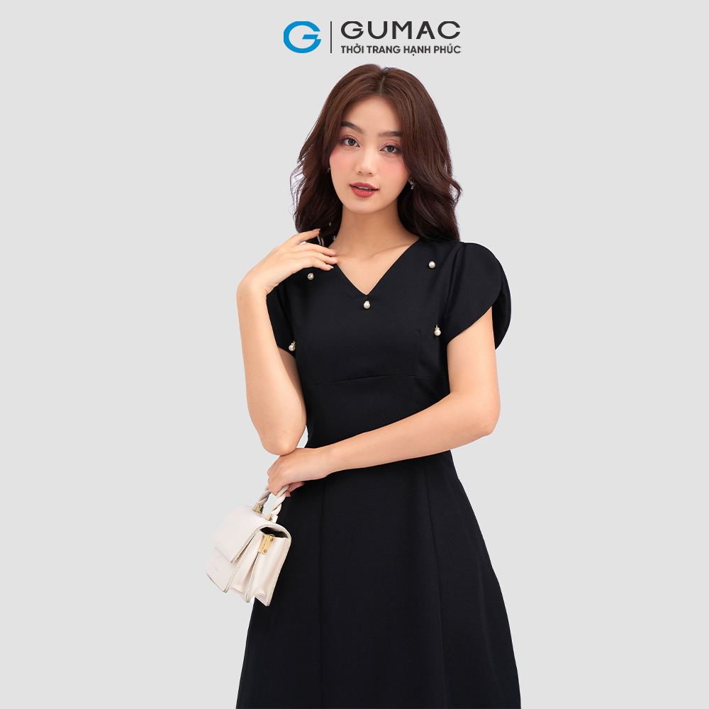 Đầm dáng xòe GUMAC DC12030 cổ V phối ngọc sang trọng