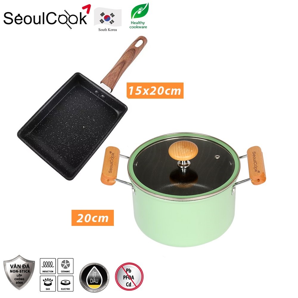 Bộ nồi chảo Seoulcook 2 món đáy từ S4, nồi 20cm + chảo vuông 15x20cm đáy từ/ Induction Hàn Quốc, dùng được tất cả các loại bếp
