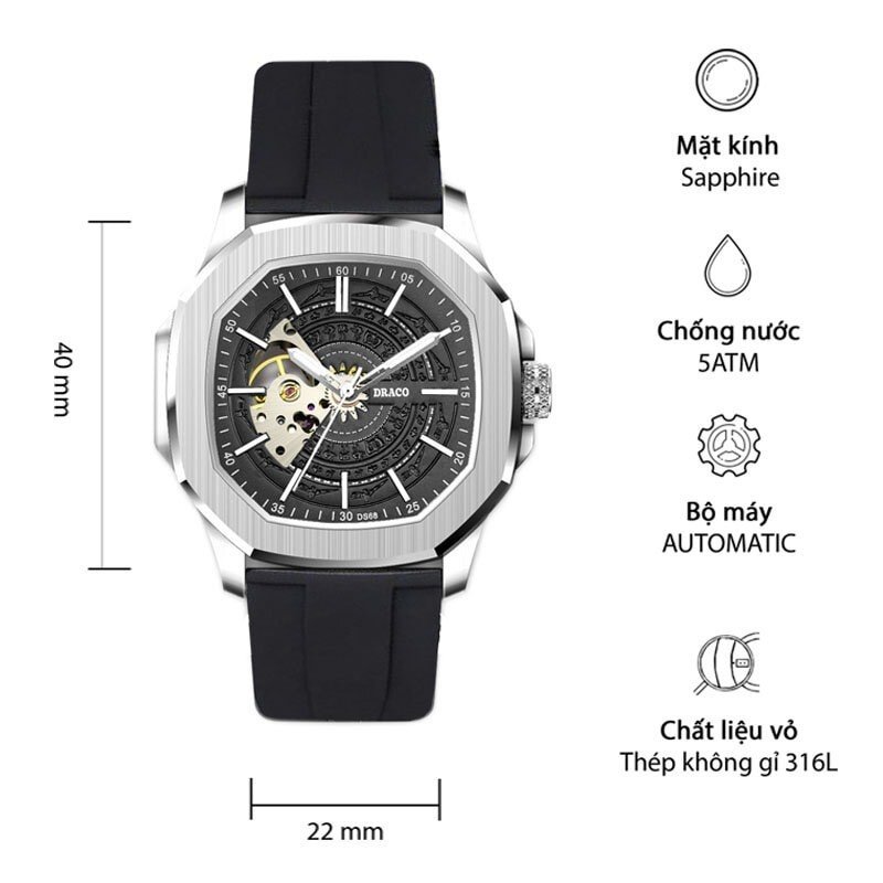Đồng hồ nam Draco D23-DS68 “DongSon” Automatic trắng đen kết hợp chất liệu dây thép không gỉ màu bạc-thời trang nam thể thao