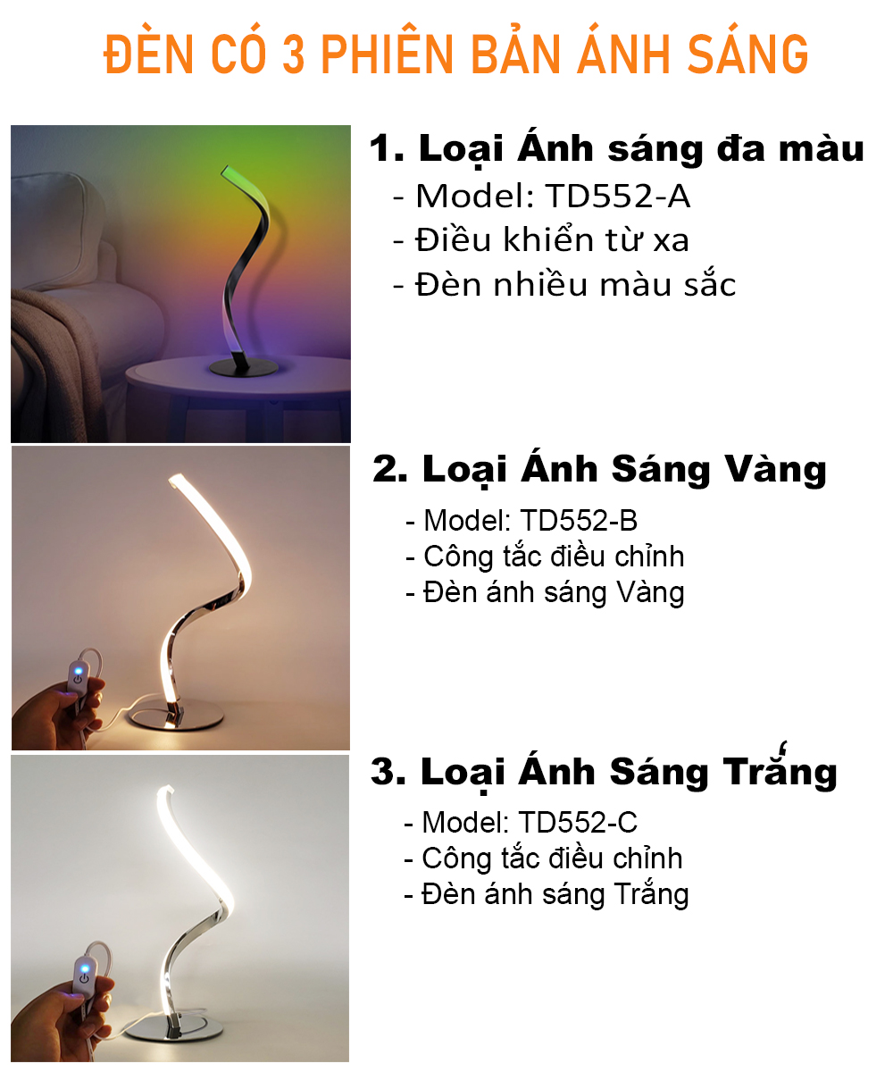 Đèn bàn đầu giường Hình xoắn ốc, 15 chế độ ánh sáng đa màu sắc, Đều khiển bằng điện thoại thông minh