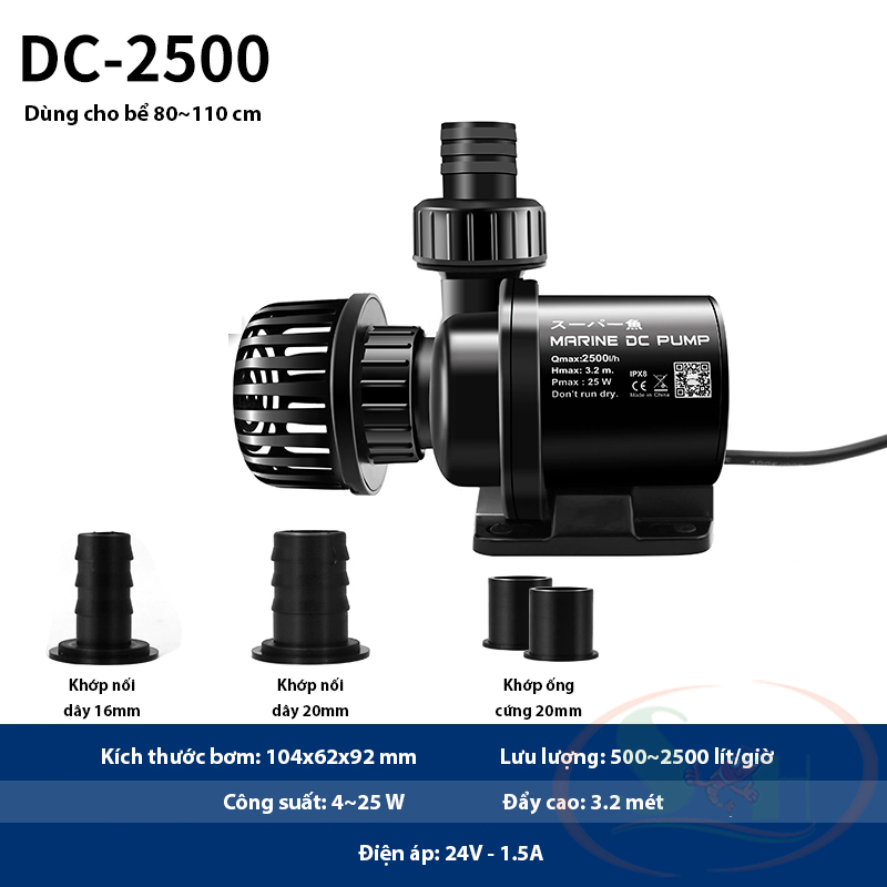 Bơm điện tử Marine DC 650, 1000, 1500, 2000, 2500, 4000, 6000, 9000, 12000, 15000 pump 24V chống giật điều chỉnh cấp độ bơm bể cá tép thủy sinh