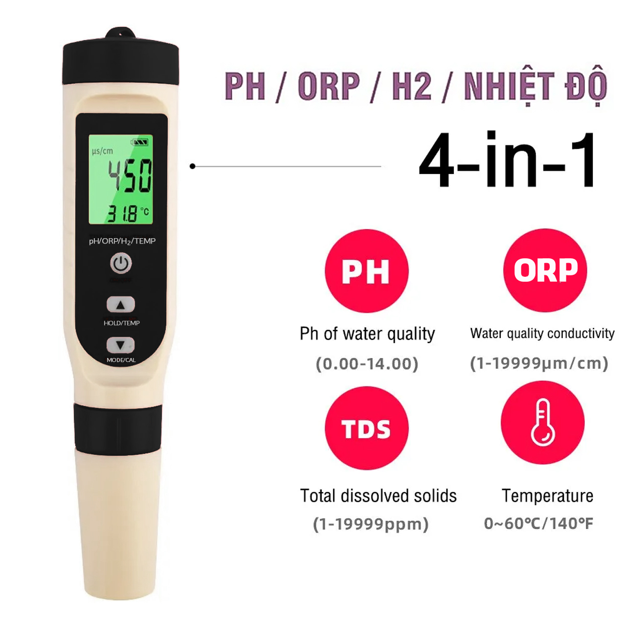 Bút thử nước 4 trong 1 bút đo nồng độ PH H2 Hydro ORP chuyên dụng hiển thị 4 chế độ - hàng chính hãng