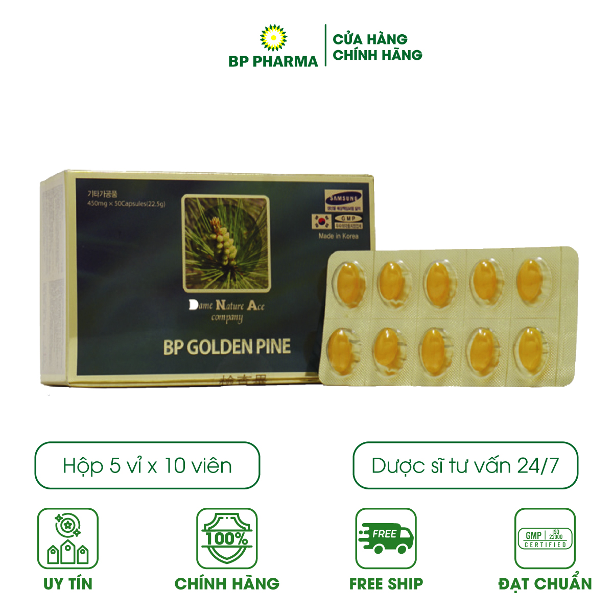 Tinh Dầu Thông Đỏ Hàn Quốc BP Golden Pine, Hỗ Trợ Giảm Mỡ Máu, Ổn Định Huyết Áp, Miễn Dịch - Hộp 5 Vỉ x10v