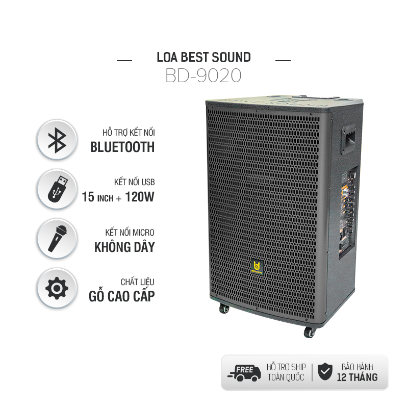 [ 2 MICRO KHÔNG DÂY UHF + REMOTE ] Loa Kéo Gỗ Bluetooth B&amp;D, Công Suất 120W, Bass 15 Inch - Hàng Chính Hãng