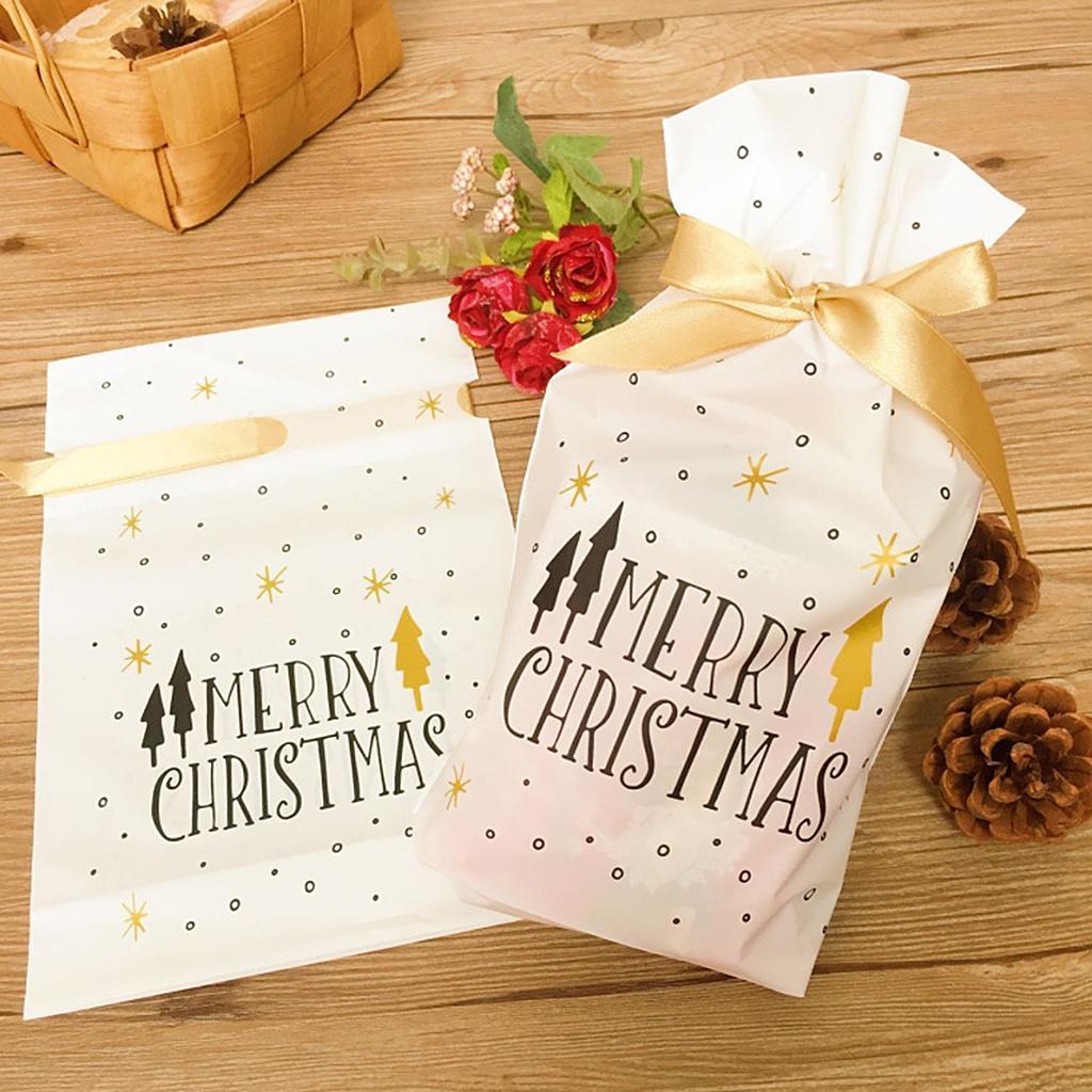 100pcs Merry Christmas White Plastic Gift Candy Bags with Ribbon Drawstring