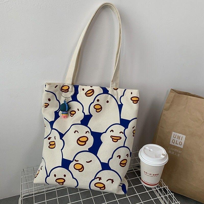 Túi Tote Vải Canvas In Hoạt Hình Kiểu Hàn Quốc Dễ Thương Cho Nữ