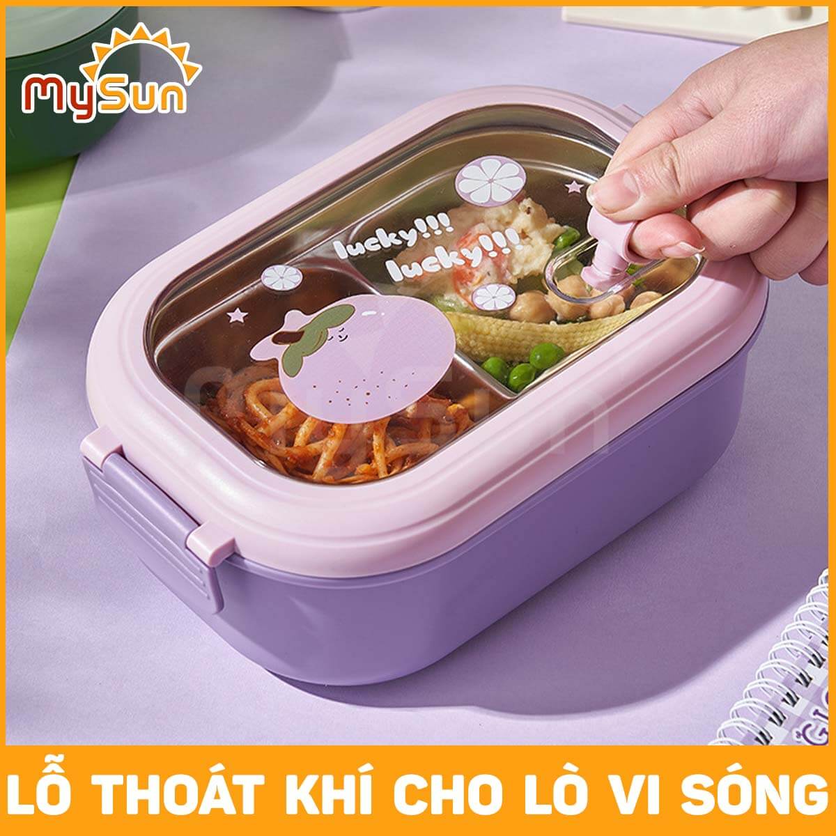 Hộp đựng cơm chia 2 NGĂN giữ nhiệt mini cute bằng nhựa - inox cho bé đi học, cho mẹ đi làm văn phòng MySun