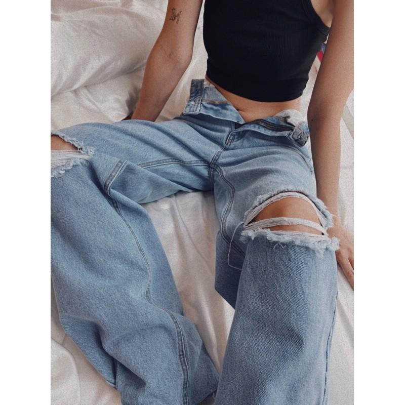 QUẦN JEANS ỐNG SUÔNG RÁCH GỐI