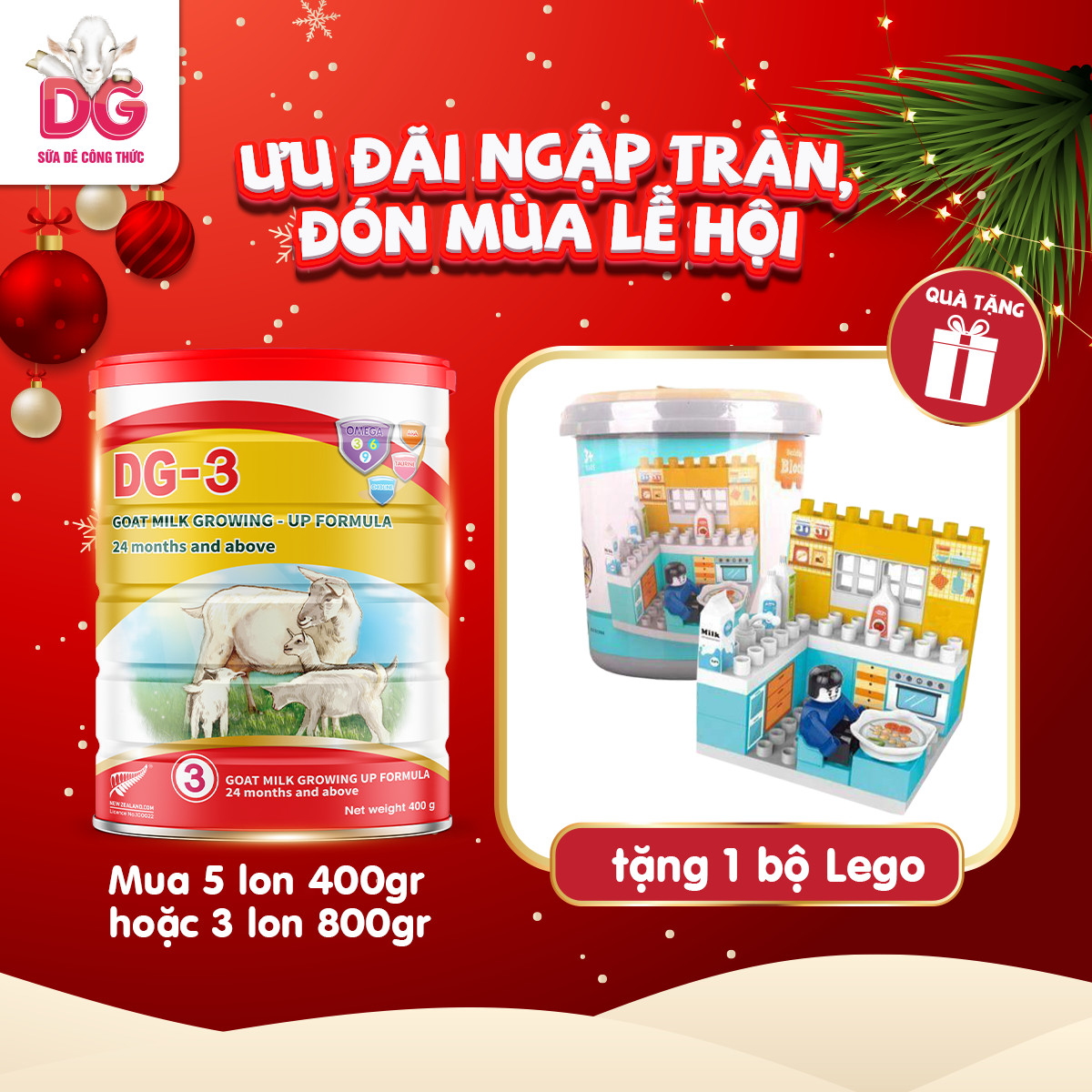 Combo 05 lon Sữa Dê DG-2 400g Tặng 1 hộp đồ chơi lắp ráp