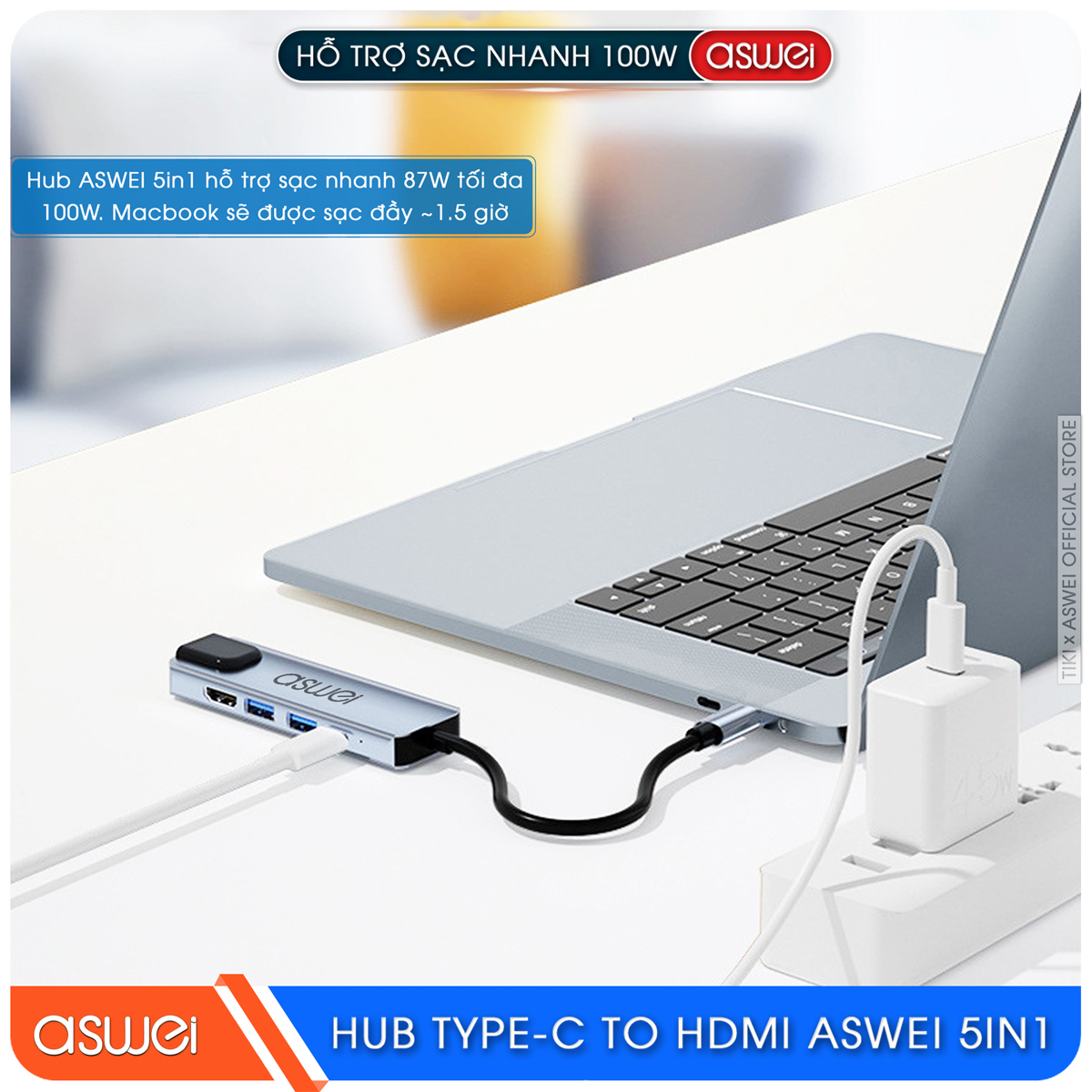 Hub Type C ASWEI 5 in 1 To HDMI, USB 3.0, Lan RJ45, PD 100W - Hàng Chính Hãng