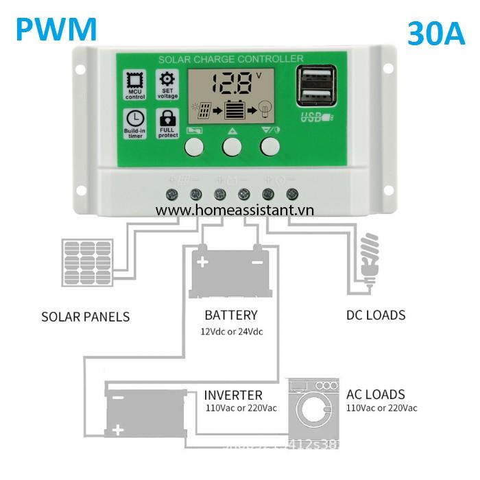 Bộ Điều Khiển Sạc Năng Lượng Mặt Trời PWM 30A Hỗ Trợ Pin Lithium PB02