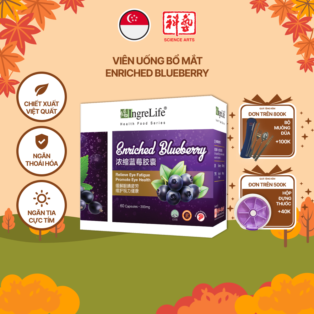 Viên Uống Bổ Mắt Từ Việt Quất IngreLife Singapore Ngăn Thoái Hóa Tăng Cường Thị Lực Chống Lại Tia Cực Tím Enriched Blueberry - Hộp 60 Viên