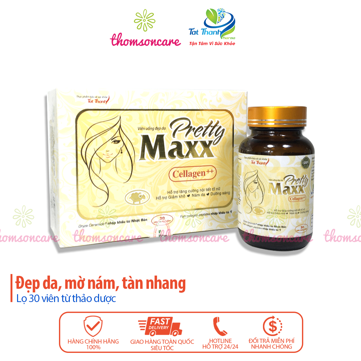 Pretty Maxx - Viên uống đẹp da, tăng cường nội tiết tố nữ - Hộp 30viên từ nhau thai cừu, collagen, hoa anh thảo