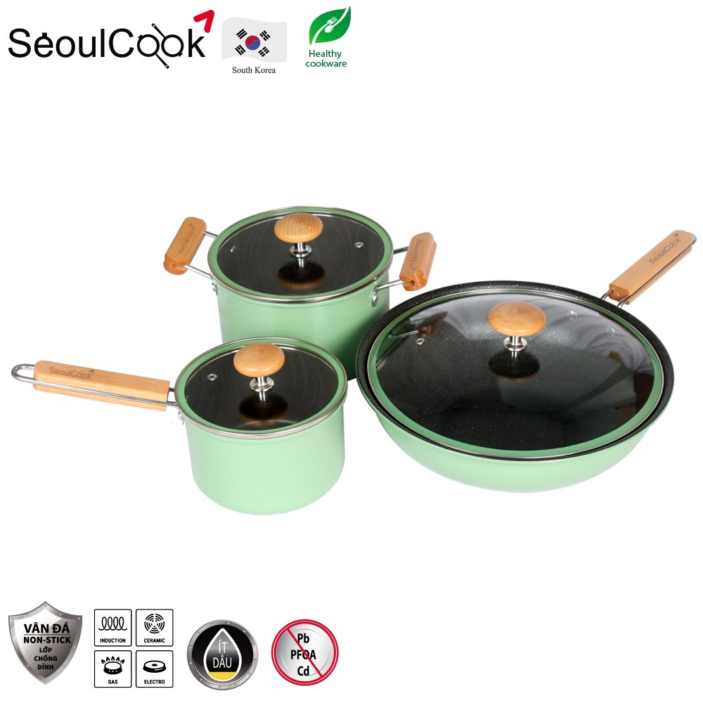 Bộ 3 món nồi chảo đáy từ Seoulcook Luxury cao cấp Hàn Quốc, chống dính vân đá an toàn cho sức khỏe, dùng được tất cả các loại bếp/ Induction