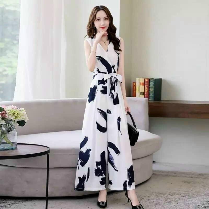 Jum họa tiết cổ chữ V cột nơ eo cực sang chảnh