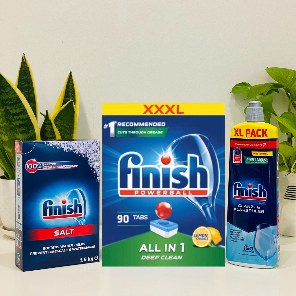 Combo viên rửa bát finish 90 viên + nước làm bóng finish 750ml + muối rửa chén finish 1,5kg