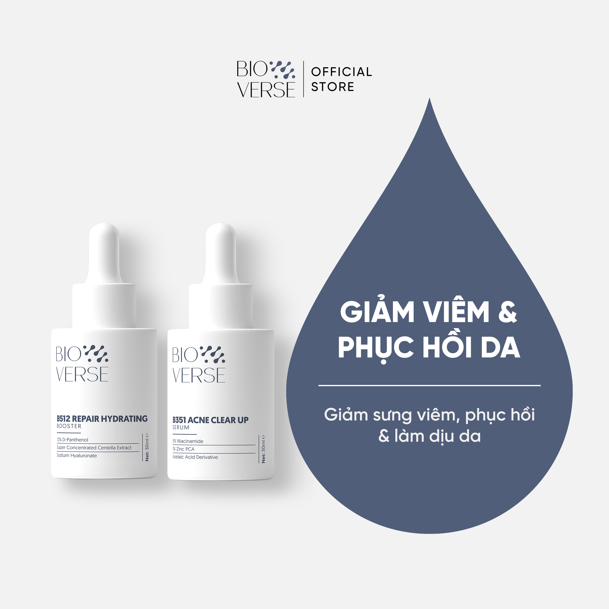 Bộ đôi phục hồi &amp; sáng mịn da (B512 Repair Hydrating Booster + B351 Acne Clear up Serum)