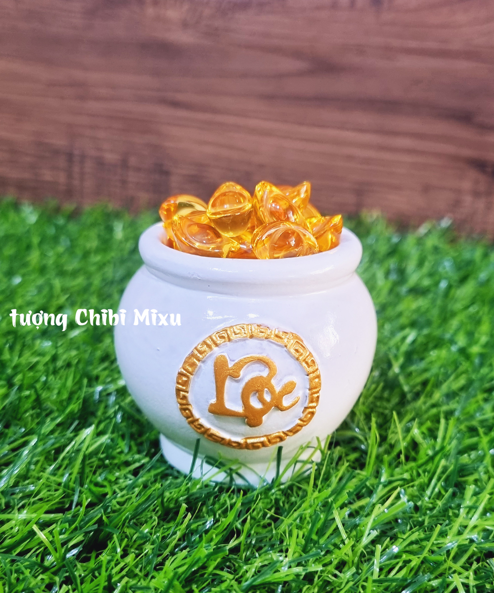 Chum vàng chữ LỘC (gồm 1 chum trắng + 20 hạt gốm mèo + 20 thỏi vàng 1.5cm)