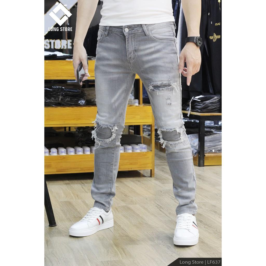Quần jean nam vá da siu cấp SKINNY slimfit rách trẻ trung mã LF637, COTTON thun co giãn cao cấp