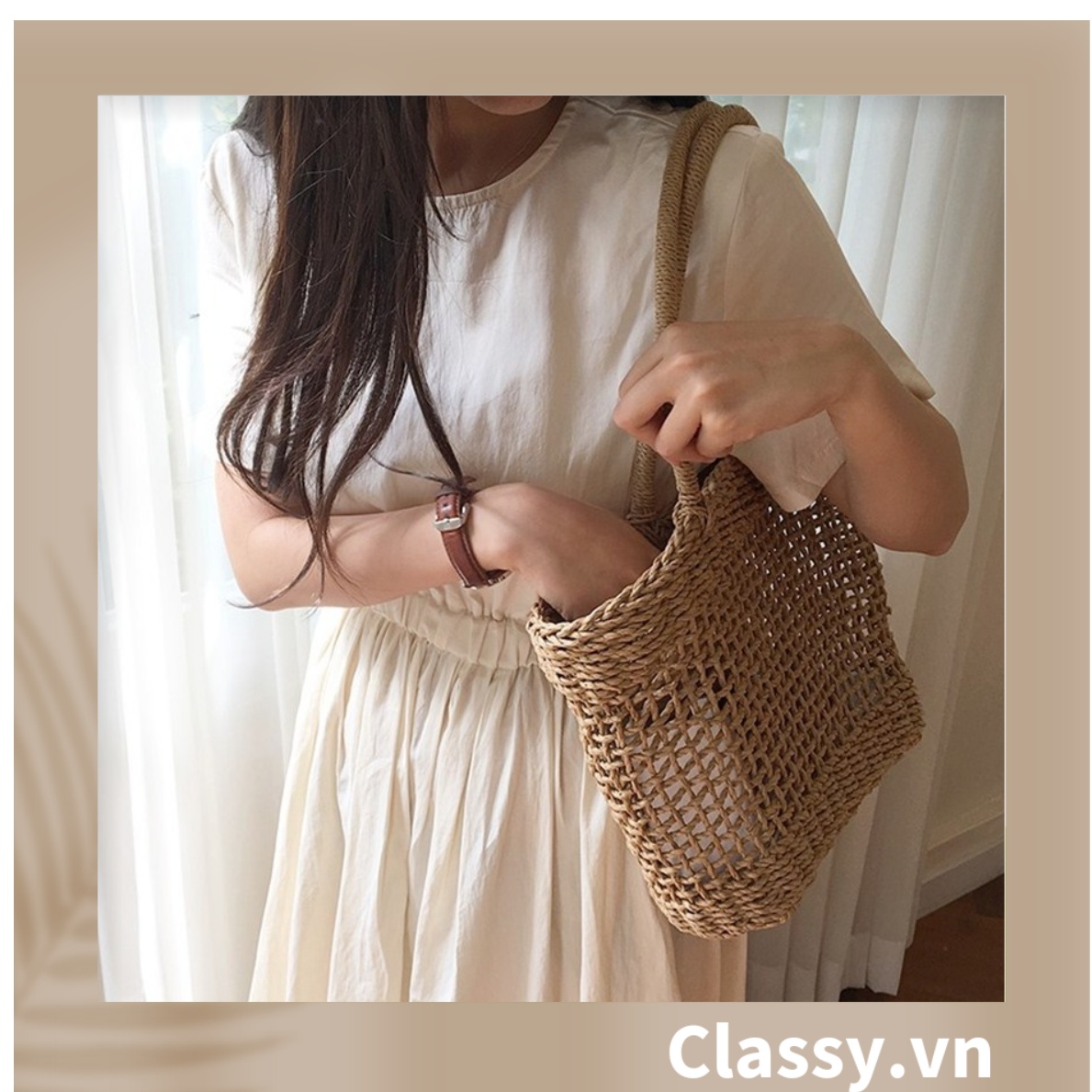 Túi cói Classy hình thang thời trang, thích hợp đi biển, đi dạo, đi chơi T1073