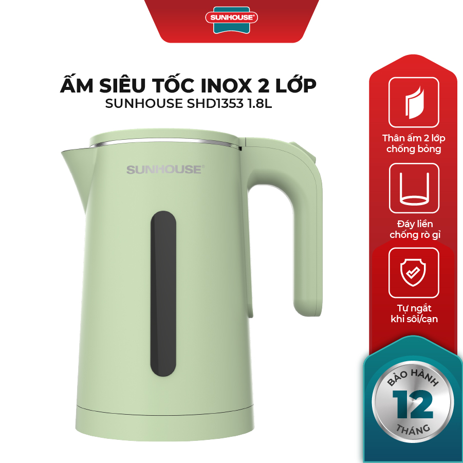 Ấm Đun Siêu Tốc Inox 2 Lớp Sunhouse SHD1353 (1.8 Lít) - Hàng Chính Hãng