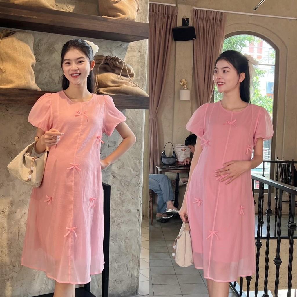 Đầm bầu tơ phom suông đính nơ nhẹ nhàng, dễ thương, sang chảnh Nữ Women - Xám