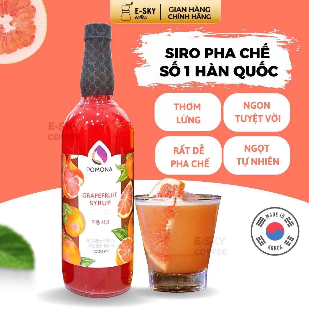 Siro Bưởi Hồng Pomona Grape Fruit Syrup Nguyên Liệu Pha Chế Hàn Quốc Chai Thủy Tinh 1 Lít