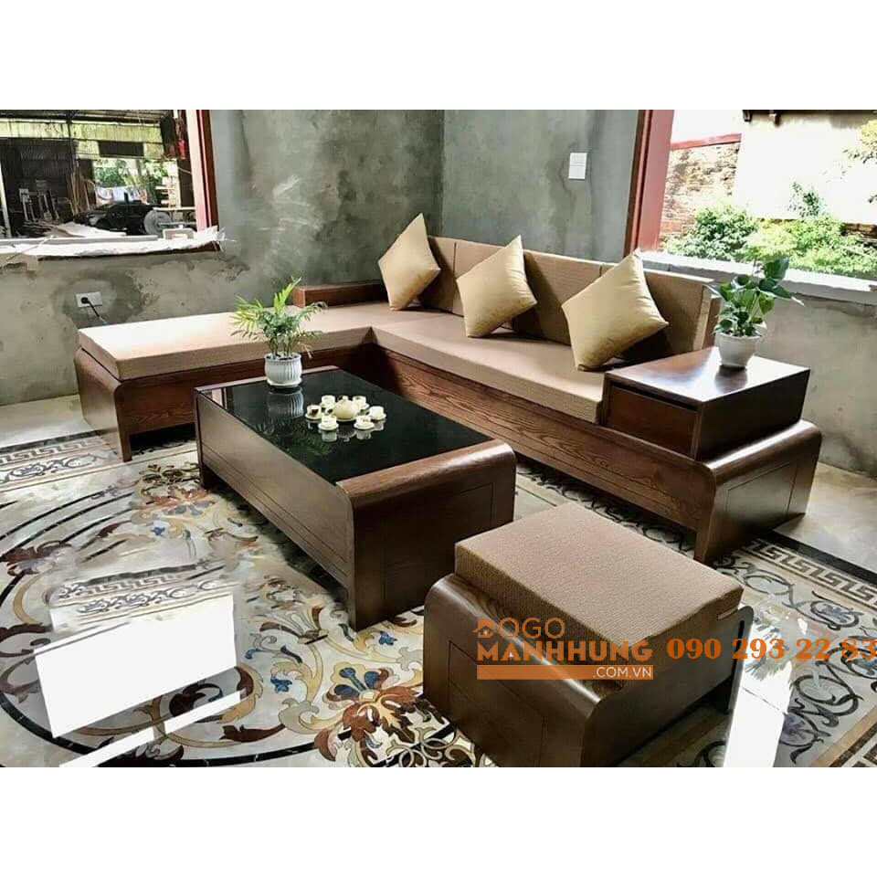 Bộ sofa góc gỗ sồi góc L màu óc chó có bao gồm nệm