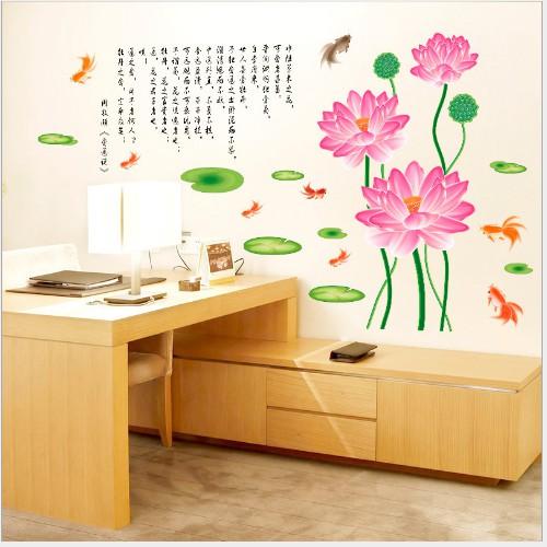 Decal trang trí hoa sen thư pháp