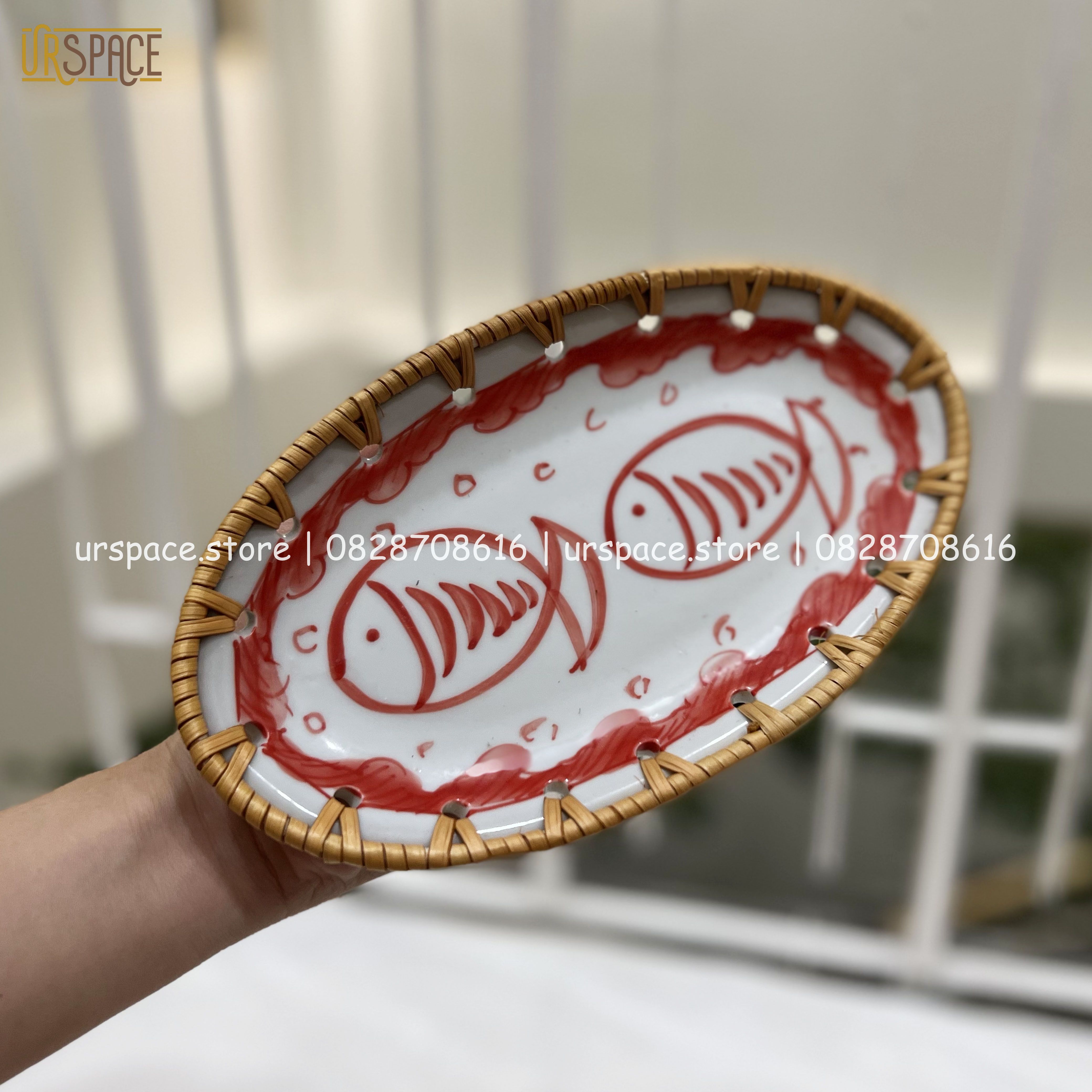 Đĩa Sứ Đan Mây Hình Oval, Đĩa Đựng Bánh Ngọt Trái Cây/ Woven Rattan Ceramic Storage Plate For Home Decoration