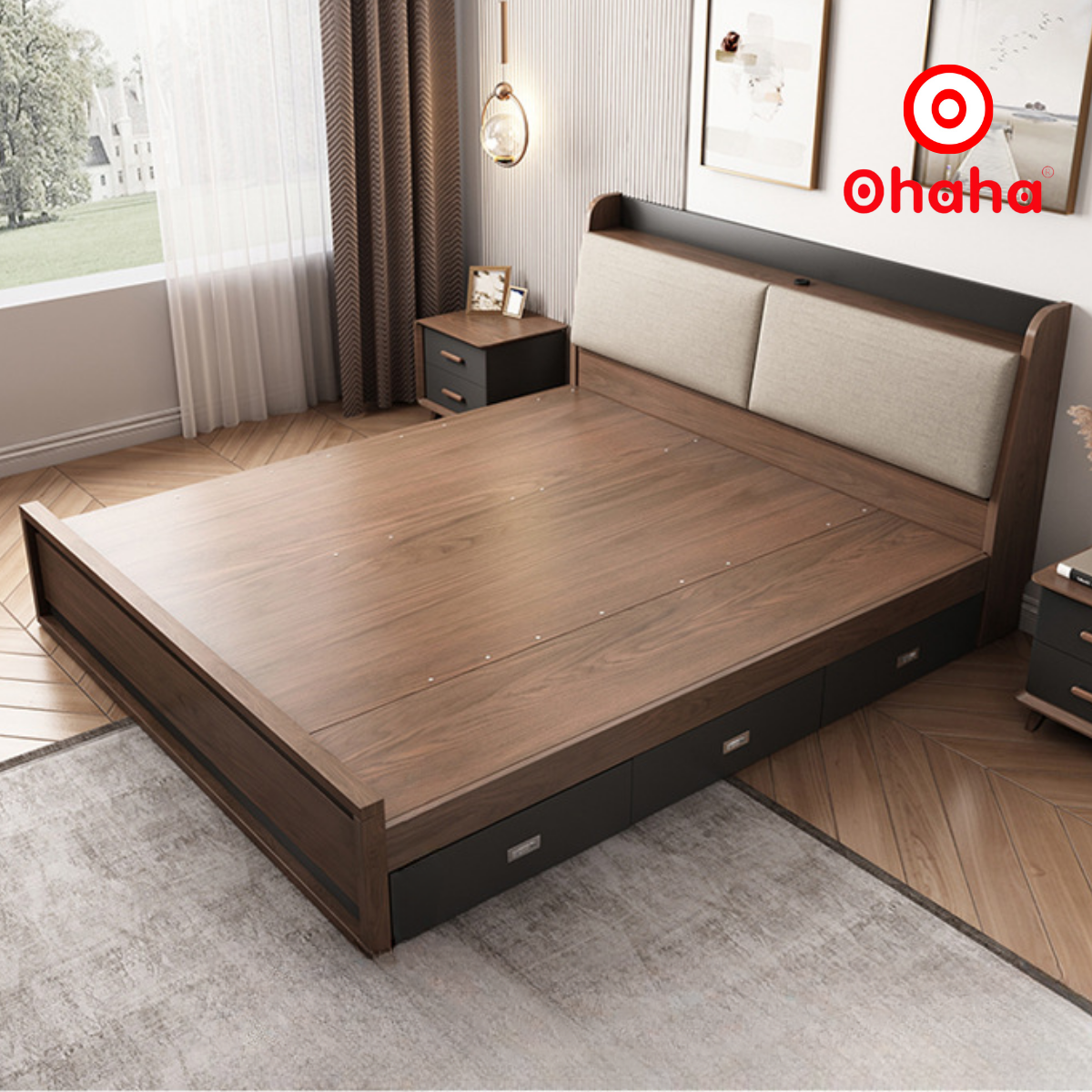 [Miễn phí vận chuyển &amp; lắp đặt] Giường ngủ thông minh cao cấp bọc nệm đầu giường gỗ công nghiệp Nâu Walnur Ohaha - GN010