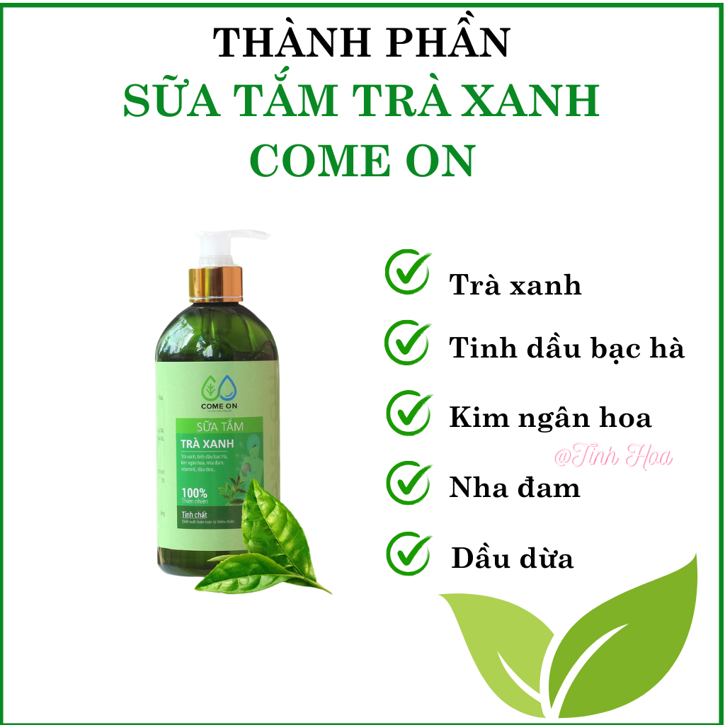 Sữa tắm trà xanh Come on chai 500ml, sữa tắm trắng da toàn thân, sữa tắm trị mụn lưng, cấp ẩm cho da