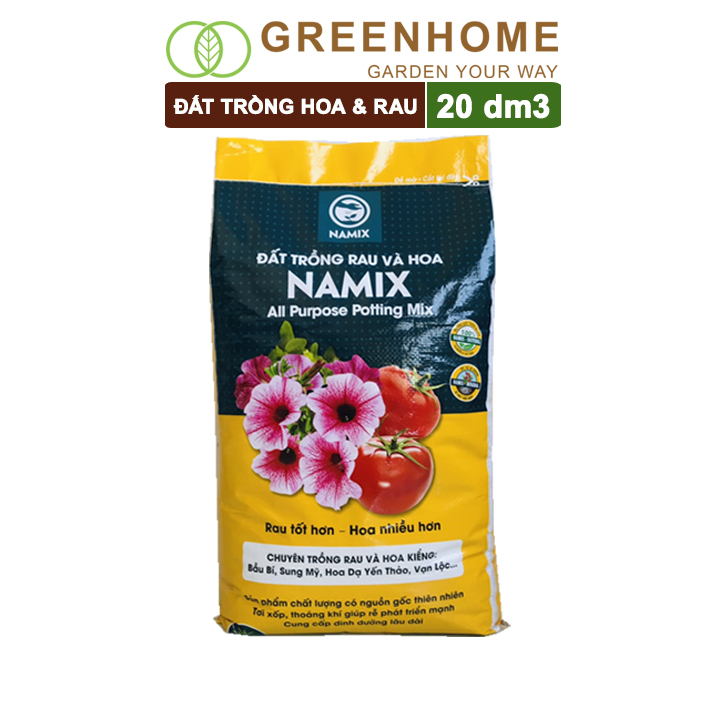 Đất trồng hoa và rau Namix, bao 20dm3 (12kg), hữu cơ, dùng ngay không cần bổ sung thêm phân bón |Greenhome