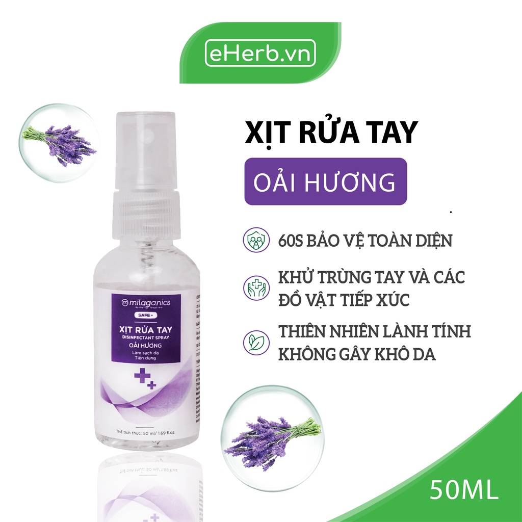 Xịt Rửa Tay Oải Hương làm Sạch Vượt Trội, X3 Dưỡng Ẩm Không Gây Khô Da MILAGANICS 50ml (Chai)