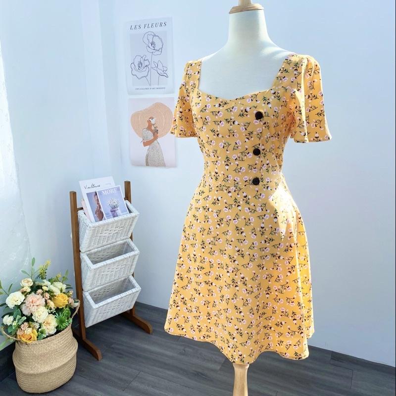 Đầm nữ cổ vuông tay cánh tiên, đính nút dừa thân trên, hoa nhí-NA5