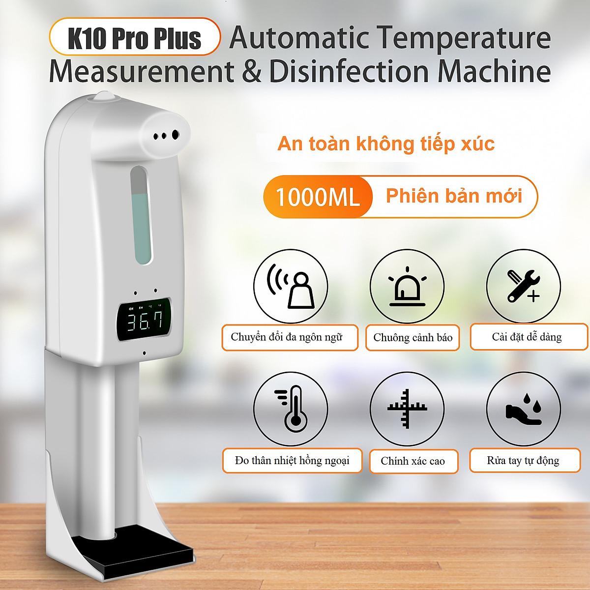 Máy đo thân nhiệt K10 pro tích hợp rửa tay tự động phun sương/nhả gel mới nhất 2021 - 15 ngôn ngữ