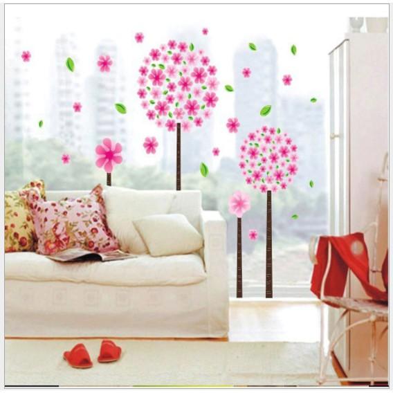 Decal dán tường 2 cây hoa màu hồng