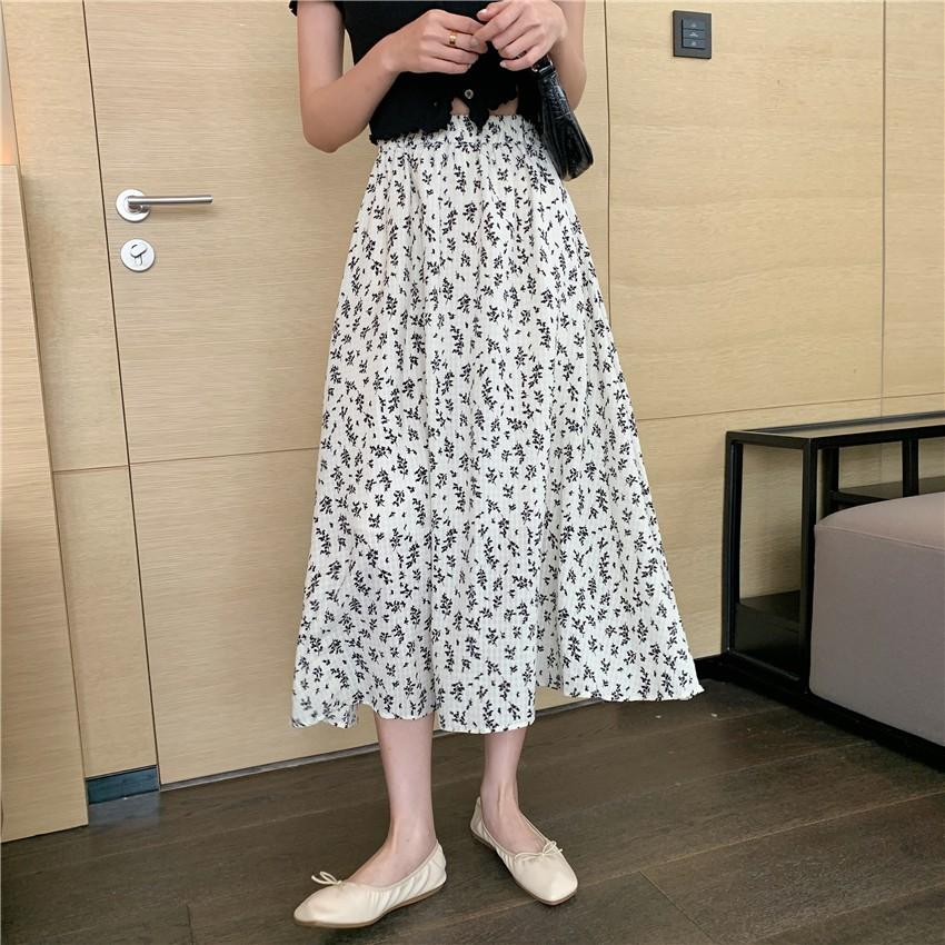 Chân váy hoa Vintage chiffon hàng loại đẹp dày dặn 2 lớp-Chân váy hoa nhí dáng dài Okella CV008 (có ảnh thật shop chụp)