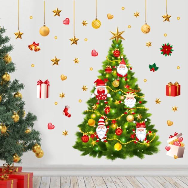 Decal dán tường trang trí Noel - Cây thông size lớn phối phụ kiện noel